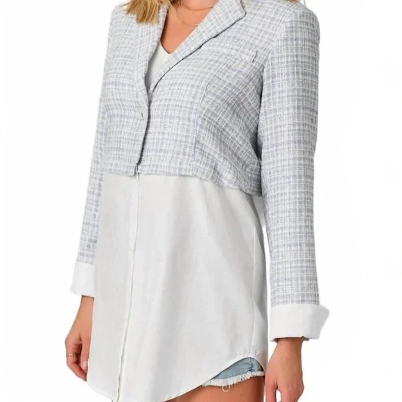 Mystree Women’s medium 2fer mixed blazer blue/gray & white mixed plaid pattern - Picture 4 of 8